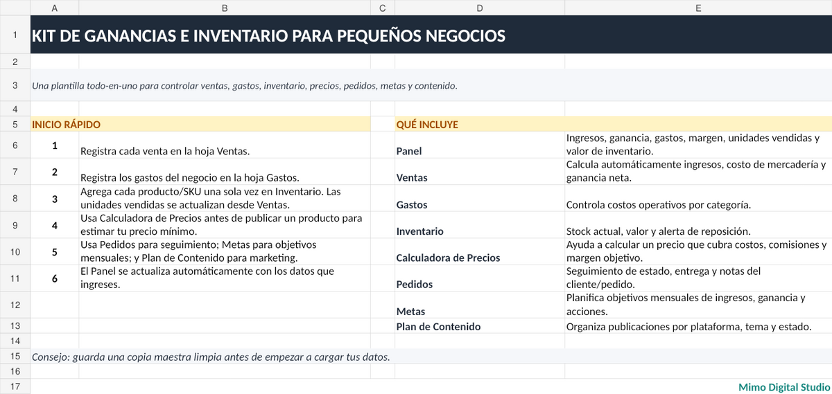 Kit de Ganancias e Inventario para pequeños Negocios